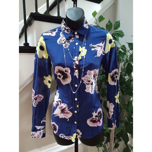 J.CREW Women's Blue Floral Silk Collared Long Sleeve Button Down Shirt Size XS - Picture 1 of 10